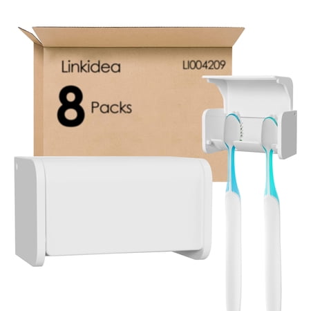 Linkidea 8 Pack Wall Mounted Toothbrush Holder with Cover, Self Adhesive Covered 2 Slots Toothbrush Storage Organizer, Toothbrush Rack Hanger