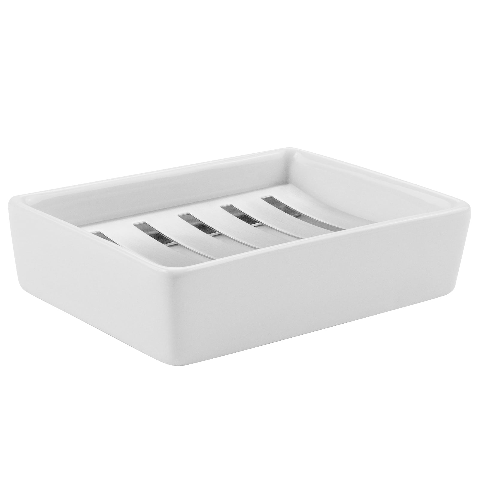 Linkidea Ceramic Soap Dish with Drain, Stainless Steel Soap Holder with Detachable, DualLayer