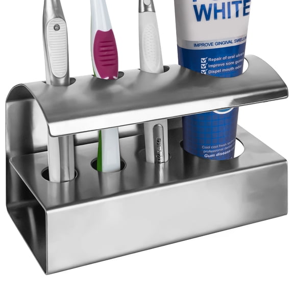 Linkidea Countertop Toothbrush Holder for Shower, Stainless Steel Stand for Manual Toothbrush, Toothpaste, 4 Slot Organizer Compatible with Colgate ExtraClean, Oral-B CrossAction