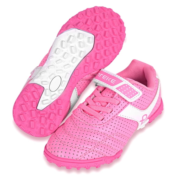 Linkidea Kids TF Soccer Shoes No Laces, Laceless Turf Soccer Cleats for Unisex-child 12.5C (Pink)