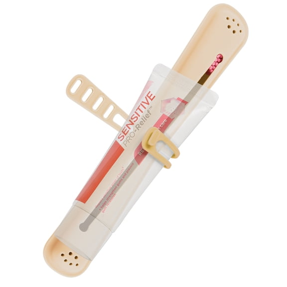 Linkidea Manual Toothbrush Travel Case with Strap for Toothpaste, Silicone Brush Container, Protective Storage Compatible with Oral-B CrossAction, Colgate 360 Optic White Advanced (Beige)