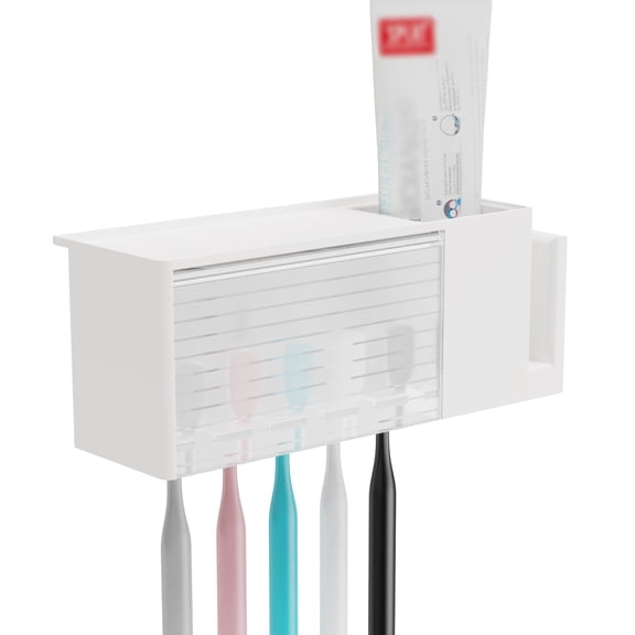 Linkidea Multifunctional Self Adhesive Toothbrush Holder, Wall Mounted Tooth Brush Holder with Cover, Toothpaste Toothbrush Organizer Box for Bathroom Family Dorm (White)