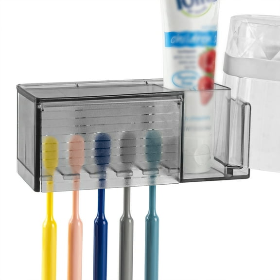 Linkidea Multifunctional Self Adhesive Toothbrush Holder, Wall Mounted Tooth Brush Holder with Cover, Toothpaste Toothbrush Organizer Box for Bathroom Family Dorm (Gray)