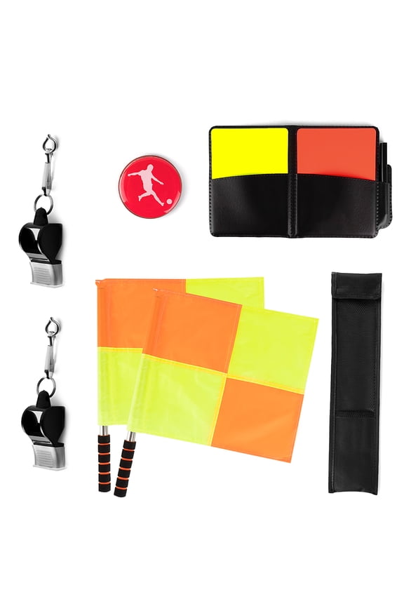 Soccer Referee Starter Kit, Checkered Linesman Flags, Referee Cards with Record Book and Pencil, Referee Whistle and Toss Coin for Football
