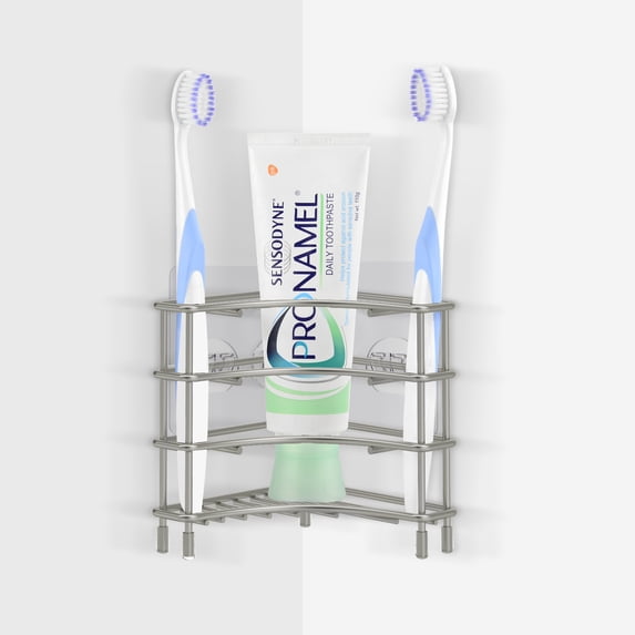 Linkidea Stainless Steel Corner Wall Mount Toothbrush Holders for Bathroom, 3 Solt Self Adhesive Triangle Corner Shower Shelf for Tile Wall, Electric Toothbrush Toothpaste Organizer (Pearl Nickel)