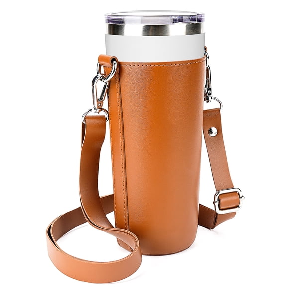 Linkidea Vegan Leather Tumbler Carrier Bag Compatible with IRON FLASK Classic Tumbler 24oz, Simple Modern Classic Collection Tumbler 20oz/24oz, Water Bottles Sling Holder with Strap, Brown
