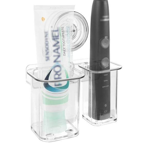 Linkidea Wall Mount Toothbrush Holder for Bathroom, Plastic Self Adhesive 2 Slot Tooth Brush Hanger Organizer, Compatible with Oral-B iO Series, Sonicare ProtectiveClean, 7AM2M (Transparent)