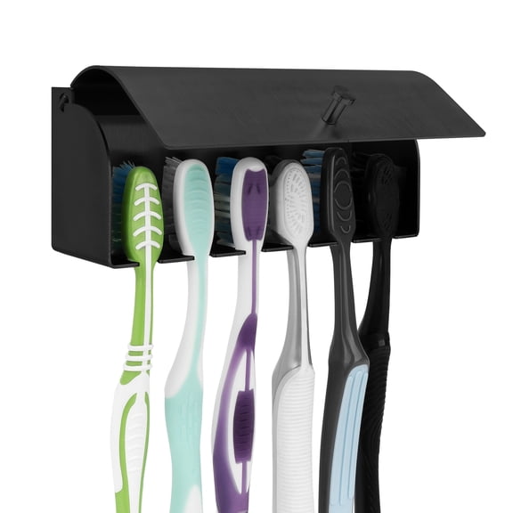 Linkidea Wall Mount Toothbrush Holder for Shower, Stainless Steel Adhesive Hanger, 6 Slots Organizer Compatible with Colgate Extra Clean, Oral-B CrossAction (Black)