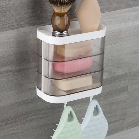 Linkidea Wall Mounted 3 Layers Soap Dish with 2 Hooks,180 Degree Rotating Soap Holder, Waterproof Dustproof Storage Organizer Rack for Bathroom Shower Room Kitchen (Clear)