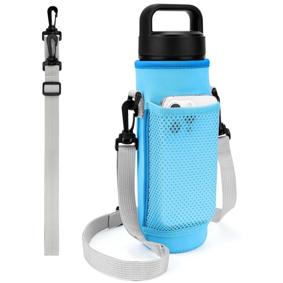 Linkidea Water Bottle Carrier with 2 Strap Compatible with YETI Rambler Bottle 26oz, Yonder 25oz, Travel Waterbottle Sling Bag Holder, Shoulder Strap with Mesh Phone Pocket, Blue