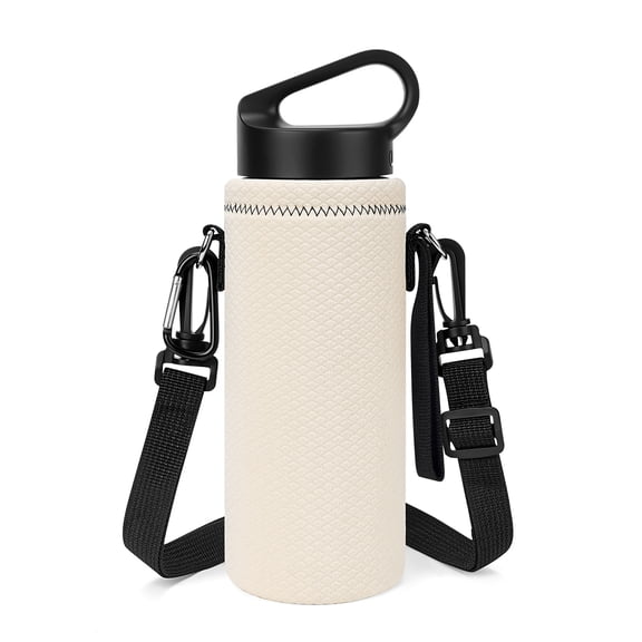 Linkidea Water Bottle Carrier with Shoulder Strap Compatible with Hydroflask Standard Mouth 18oz, CamelBak Carry Cap 20oz,Waterbottle Sling Bag Holder (Off White)