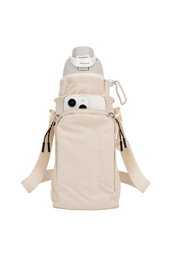 Water Bottle Carrier with Strap Compatible with Owala FreeSip 24oz/32oz, IRON FLASK Wide Mouth 32oz, Waterbottle Sling Bag Holder, Shoulder Strap with Phone Pocket (Beige)