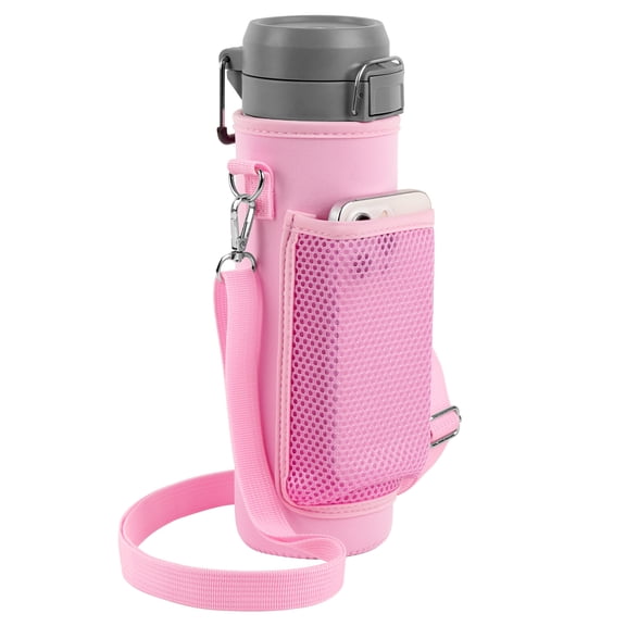 Linkidea Water Bottle Carrier with Strap Compatible with Stanley Quick Flip GO 24/36oz, IceFlow Fast Flow 24/36oz, Waterbottle Sling Bag Holder, Shoulder Strap with Phone Mesh Pocket, Pink
