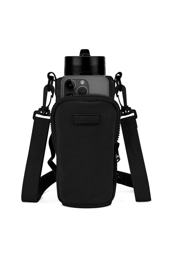 Water Bottle Carrier with Strap Compatible with YETI Rambler Bottle 18oz/26oz, Owala FreeSip 24oz/32oz, Waterbottle Sling Bag Holder, Shoulder Strap with Phone Pocket (Black)