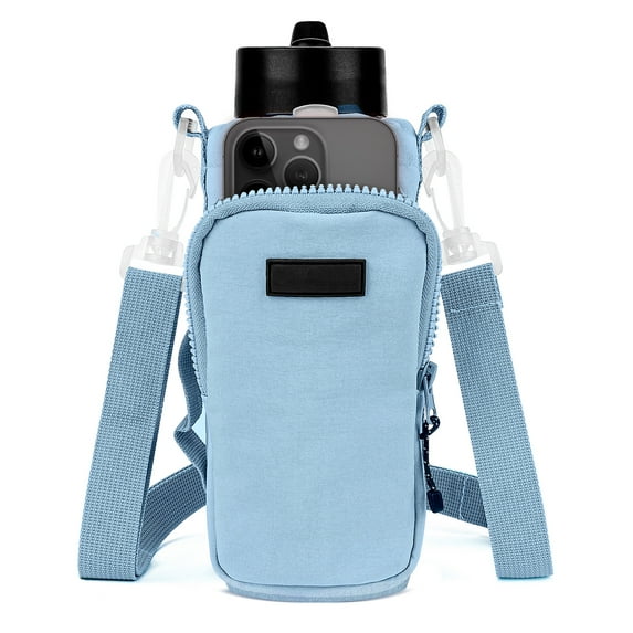 Linkidea Water Bottle Carrier with Strap Compatible with YETI Rambler Bottle 18oz/26oz, Owala FreeSip 24oz/32oz, Waterbottle Sling Bag Holder, Shoulder Strap with Phone Pocket (Blue)