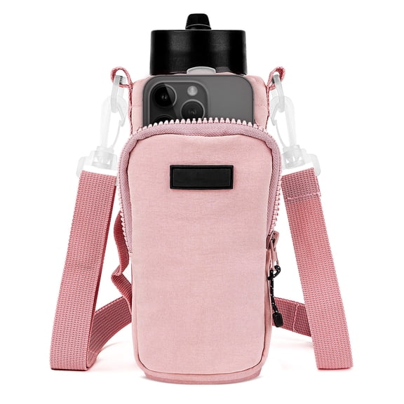 Linkidea Water Bottle Carrier with Strap Compatible with YETI Rambler Bottle 18oz/26oz, Owala FreeSip 24oz/32oz, Waterbottle Sling Bag Holder, Shoulder Strap with Phone Pocket (Pink)
