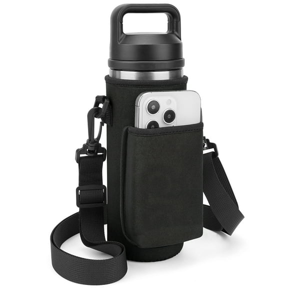 Linkidea Water Bottle Carrier with Strap Compatible with YETI Rambler Bottle 18oz, Yonder 600ml/20oz, Insulated Waterbottle Sling Bag Holder, Shoulder Strap with Phone Pocket (Black)