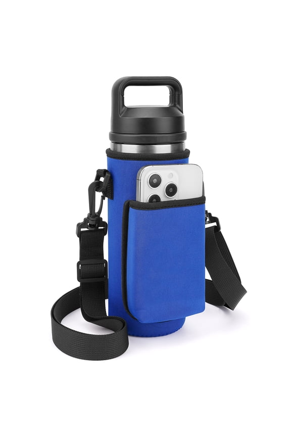 Water Bottle Carrier with Strap Compatible with YETI Rambler Bottle 18oz, Yonder Bottle 600ml/20oz, Waterbottle Sling Bag Holder, Shoulder Strap with Phone Pocket (Blue)