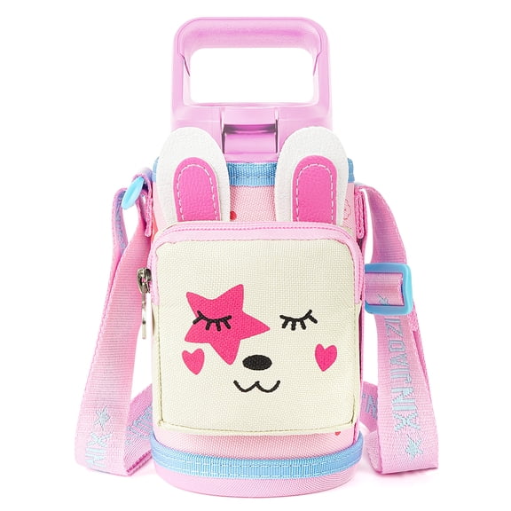 Linkidea Water Bottle Carrier with Strap Compatible with YETI Rambler Jr. 12oz, Simple Modern 14oz, Hydra Flask Kids Bottles, Bottles Sling Holder with Pocket, Rabbit Cartoon