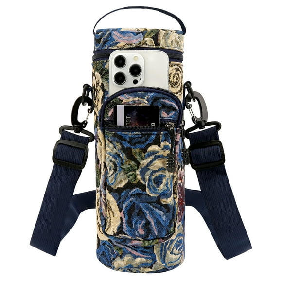 Linkidea Water Bottle Carrier with Strap Compatible with YETI Yonder Bottle 1.5L/50oz, Sports Waterbottle Sling Bag Holder, Shoulder Strap with Phone Pocket, Blue Flower