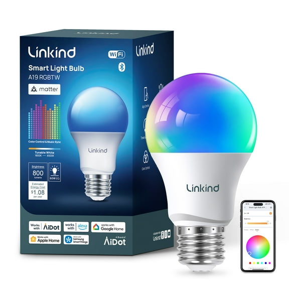 Linkind A19 Matter Smart Light Bulb, Color Changing Smart Bulb, 9W, 800lm, E26 Base (1 pack), 2025 Upgraded