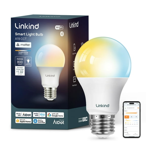 Linkind Matter Smart Light Bulb, A19 Tunable White, 9W, 60W Equivalent, 800lm, E26 Base, 1 Pack, 2025 Upgraded
