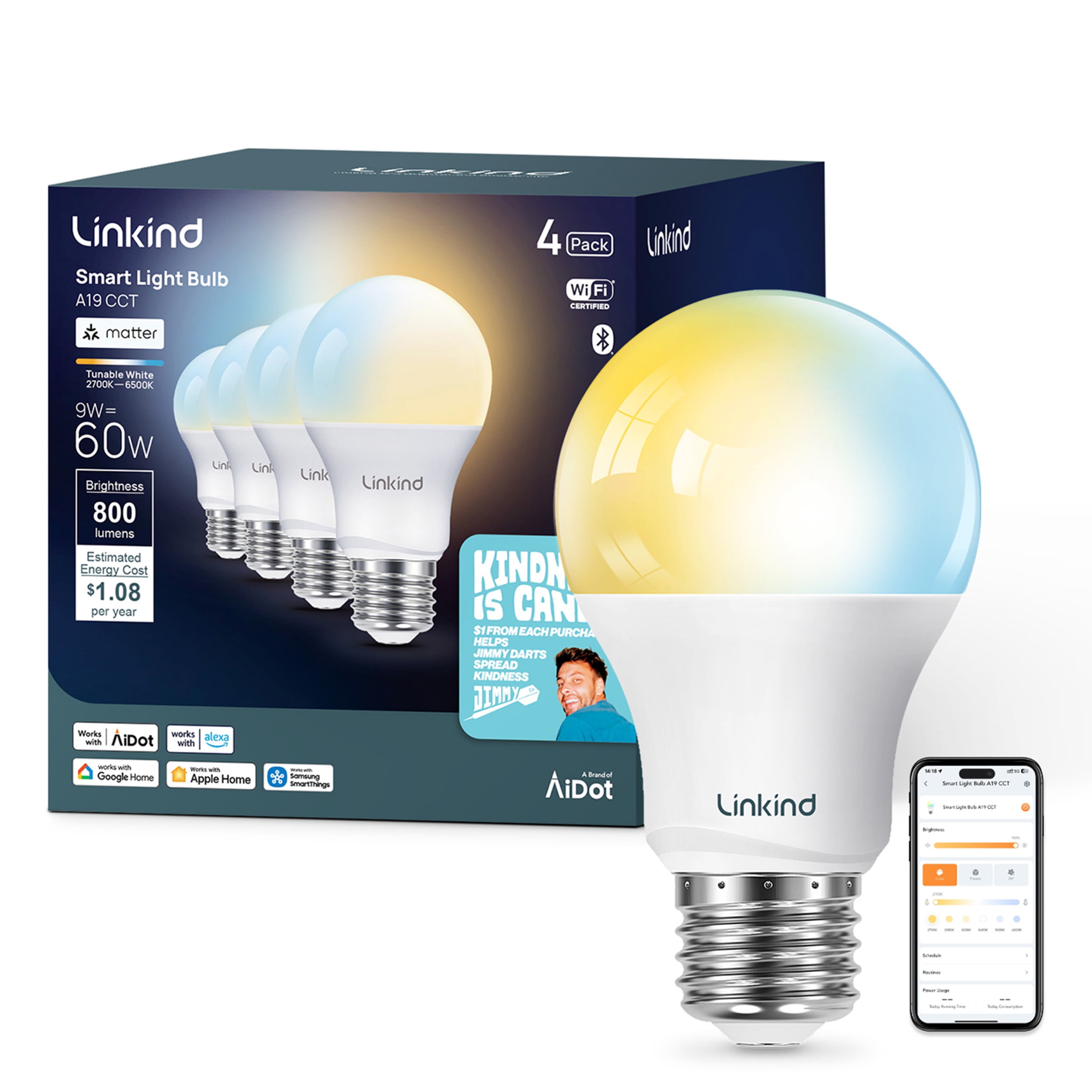 Linkind A19 Matter Smart Light Bulb, Tunable White, 9W, 800lm, E26 Base, Jimmy Darts Version(4 Pack), 2025 Upgraded