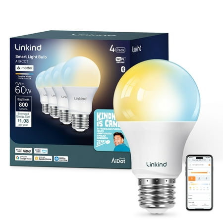 Linkind A19 Matter Smart Light Bulb, Tunable White, 9W, 800lm, Dimmable, E26 Base (4 Pack)