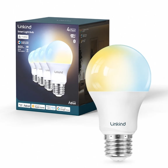 Linkind A19 Matter Smart Light Bulb, Tunable White, 9W, 800lm, Dimmable, E26 Base (4 Pack)