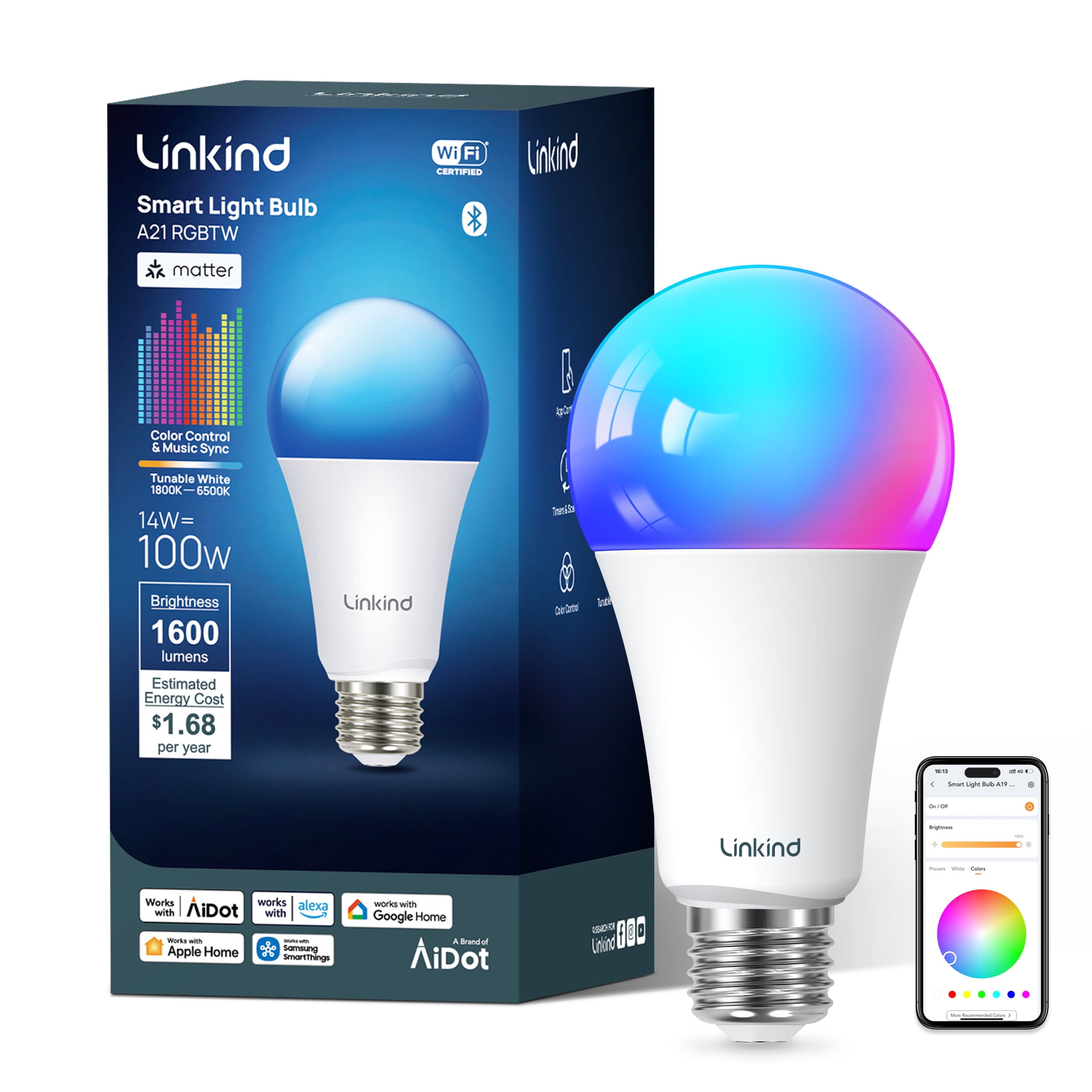Linkind A21 Matter Smart Light Bulb, Color Changing Smart Bulb