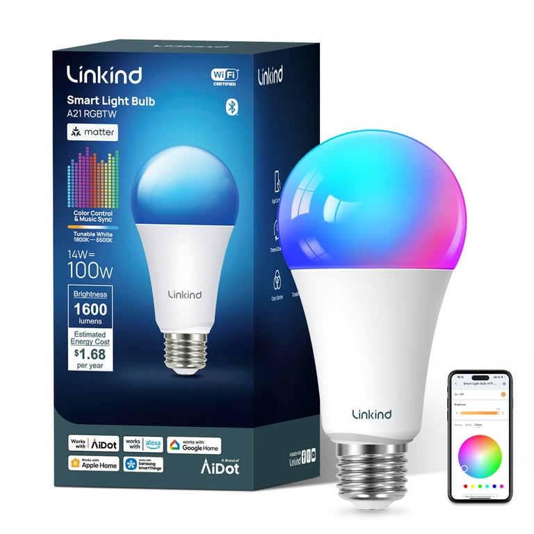 Linkind A21 Matter Smart Light Bulb, Color Changing Smart Bulb