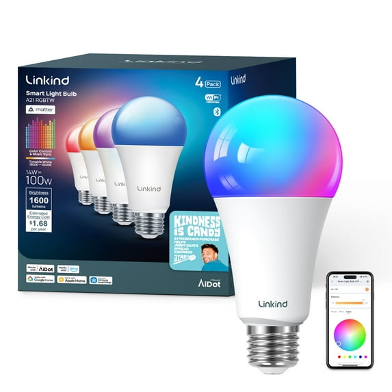 Linkind A21 Matter Smart Light Bulb, Color Changing Smart Bulb, 14W, 1600lm, E26 Base, Jimmy Darts Version (4 Pack), 2025 Upgraded