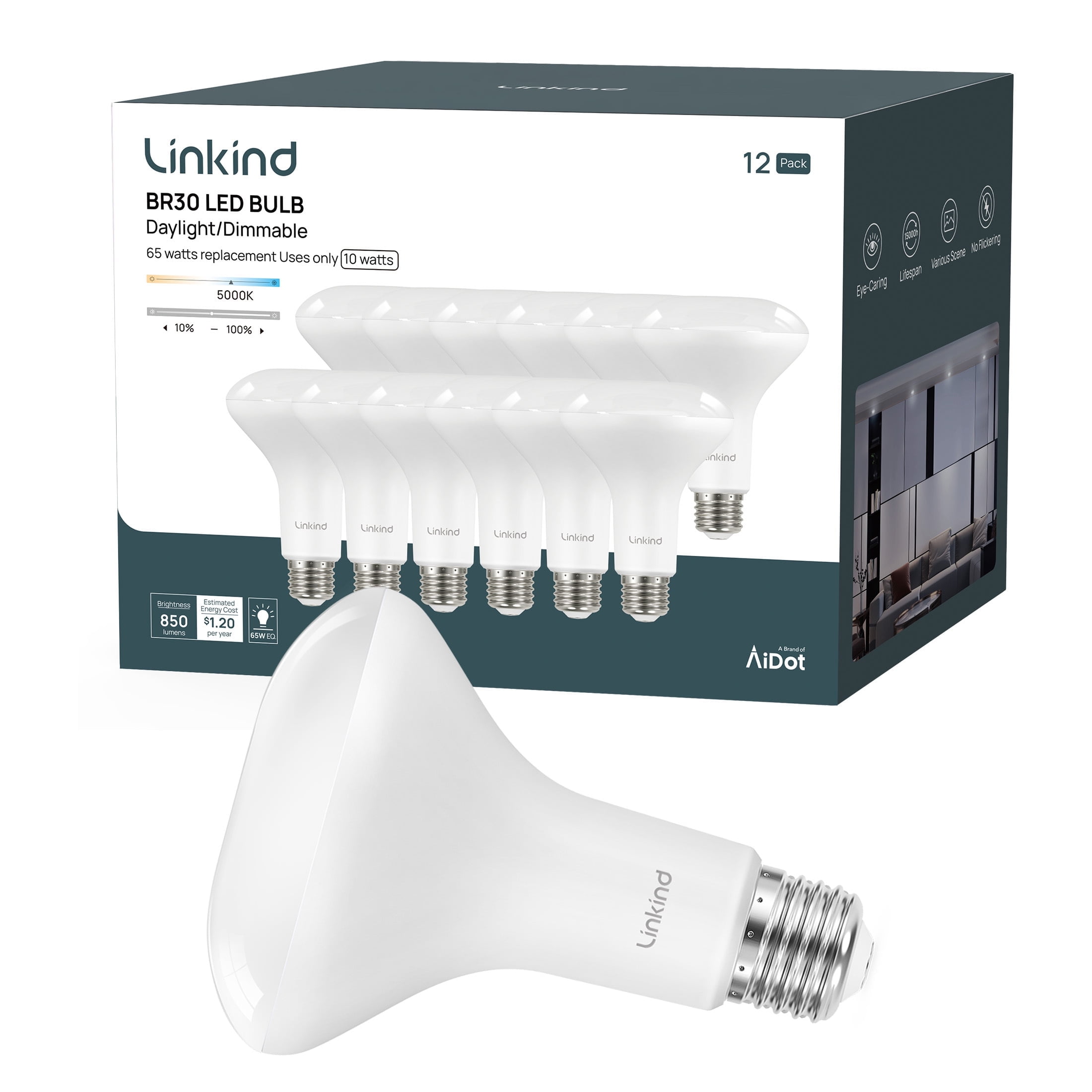 Linkind BR30 Led Bulbs 65W Equivalent, Dimmable Indoor Flood Lights Bulb, E26 Base, 5000K Daylight, 10W, 850 LM, Recessed Lighting Bulb for Ceiling, Recessed Can, Living Room and Kitchen, 12 Pack
