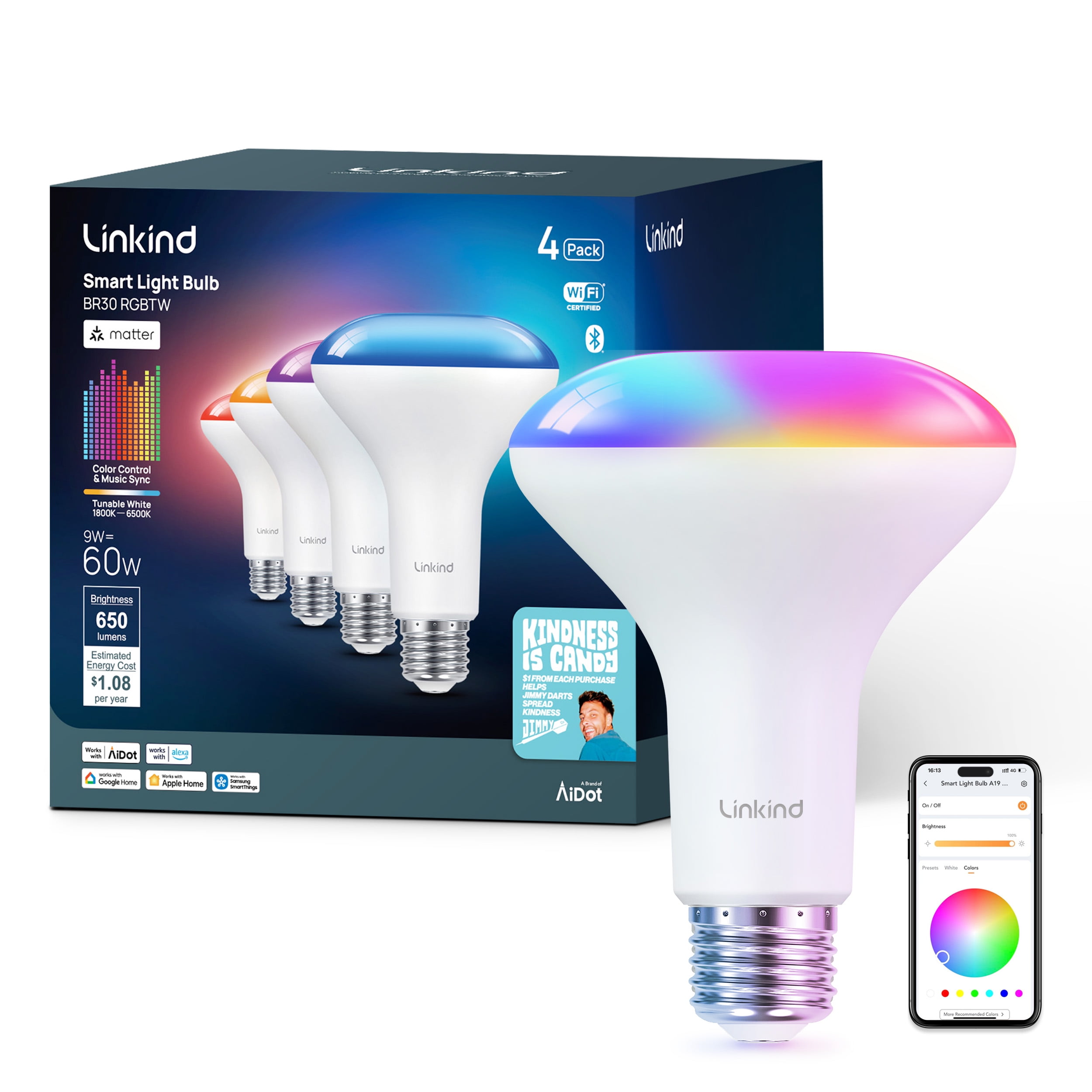 Linkind BR30 Matter Smart Light Bulb, Color Changing Smart Bulb, 9W, E26 Base, Jimmy Darts Version (4 Pack), 2025 Upgraded