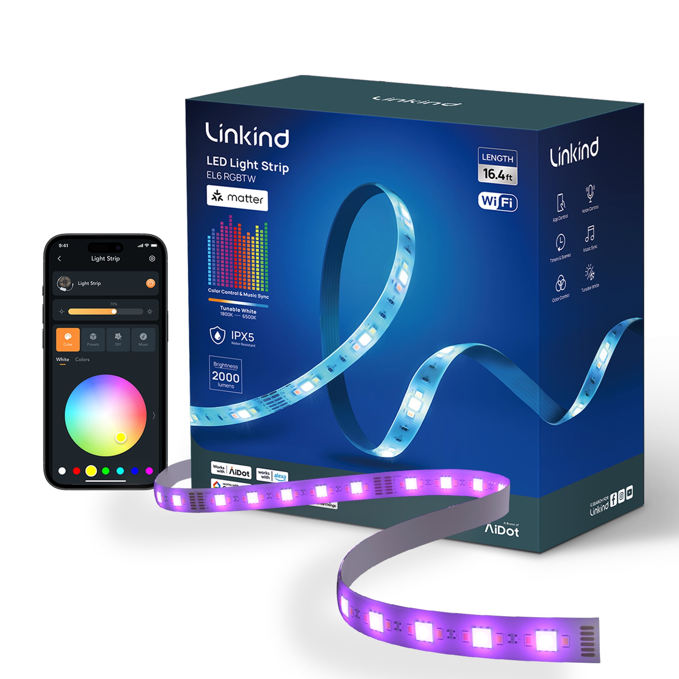 Linkind EL6 Matter Smart LED Color Changing Light Strip, 16.4ft (1 Pack)