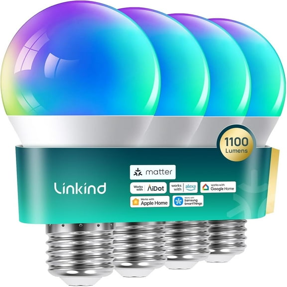 Smart Light Bulbs, Linkind Matter Wifi Color Changing LED Light Bulbs, 11W (75Watt Eqv), 1100LM A19 E26 RGB Dimmable Smart Bulbs Work with Alexa, Google Home, Smartthings, Music Sync, 4 Pack