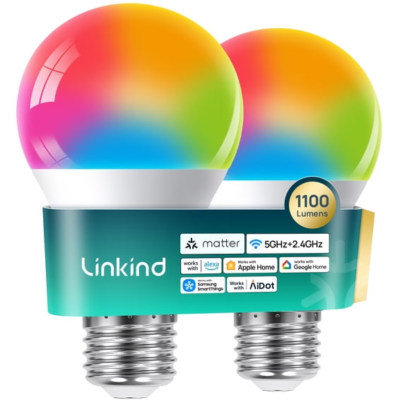 Linkind Matter Smart Light Bulbs, UltraColor 1100lm A19 Color Changing Bulbs, 1000K-20000K, Dual-Band 2.4GHz & 5GHz Wi-Fi 6, Works with Alexa, Apple Home & Google, 2 Pack