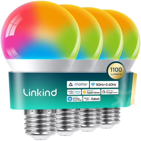 Linkind Matter Smart Light Bulbs, UltraColor 1100lm A19 Color Changing Bulbs, 1000K-20000K, Dual-Band 2.4GHz & 5GHz Wi-Fi 6, Works with Alexa, Apple Home & Google, 4 Pack