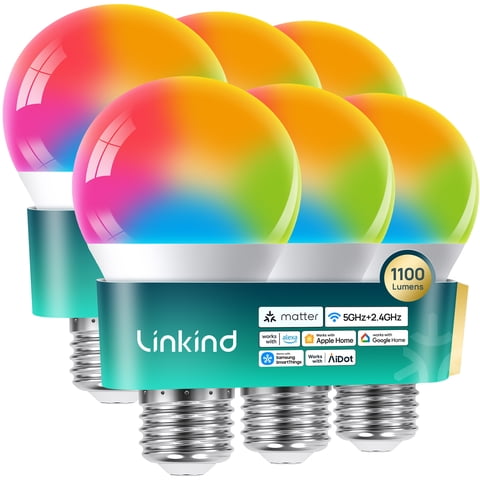 Linkind Matter Smart Light Bulbs, UltraColor 1100lm A19 Color Changing Bulbs, 1000K-20000K, Dual-Band 2.4GHz & 5GHz Wi-Fi 6, Works with Alexa, Apple Home & Google, 6 Pack