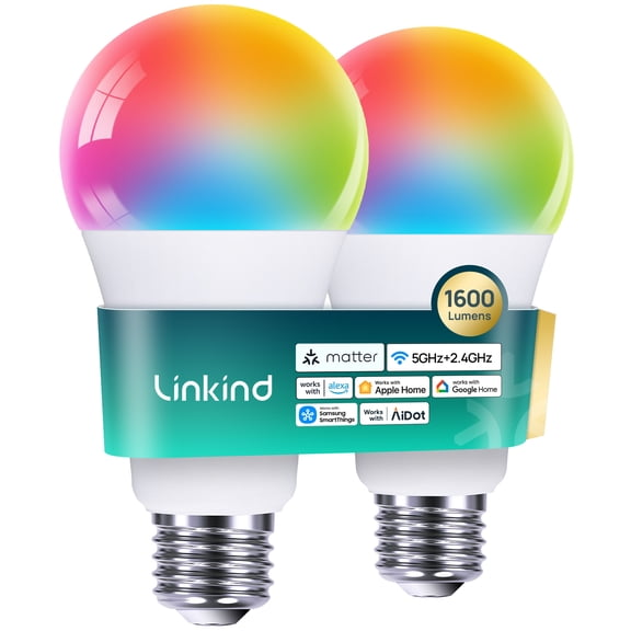 Linkind Matter Smart Light Bulbs, UltraColor 1600lm A21 Color Changing Bulbs, 1000K-20000K, Dual-Band 2.4GHz & 5GHz Wi-Fi 6, Works with Alexa, Apple Home & Google, 2 Pack