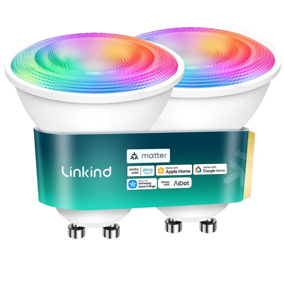 Linkind Matter Smart Light Bulbs, GU10 40W Color Changing LED Light Bulbs, Dimmable, Work with Alexa, Google Home, Apple Home, Music Sync, 2 Pack