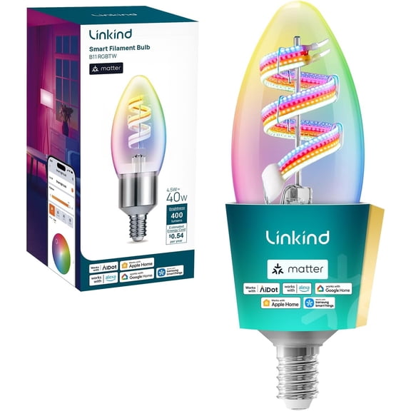Linkind Matter Smart Light Bulbs, E12 Smart Color Changing Candelabra Light Bulbs, Tunable White (1800K–6500K), Works with Alexa/Apple Home/Google Home, E26 LED 40W 400LM, Music Sync, 1 Pack