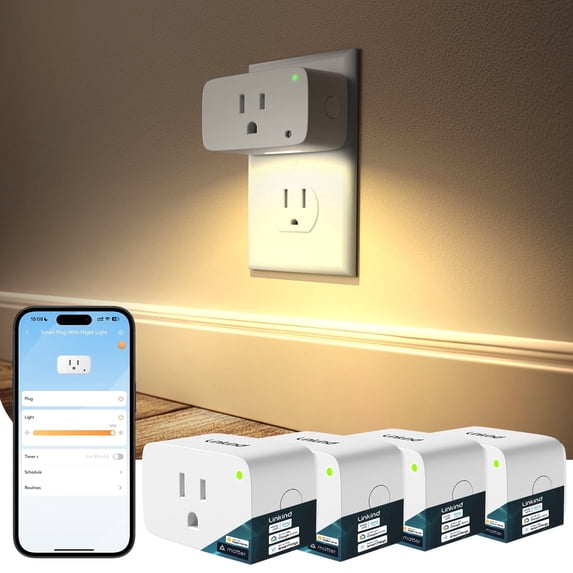 Linkind Matter Smart Plug with LED Night Light, Work with Alexa, Apple Home, Google, Smart Outlet 15A/1800W, Dusk to Dawn, Plug in Wall, Timer&Schedule, ETL&FCC Certified, 2.4GHz Wi-Fi Only, 4 Pack