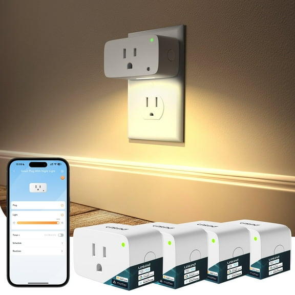 Linkind Matter Smart Plug with LED Night Light, Work with Alexa, Apple Home, Google, Smart Outlet 15A/1800W, Dusk to Dawn, Plug in Wall, Timer&Schedule, ETL&FCC Certified, 2.4GHz Wi-Fi Only, 4 Pack