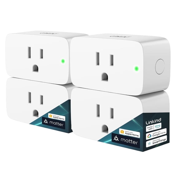 Linkind Matter Smart Plug, WiFi Smart Outlet 15A 1800W, Works with Apple Home Siri Alexa Google Home SmartThings, App Remote Control, Voice Control, Timer Schedule, 2.4GHz WiFi, FCC Certified, 4 Pack