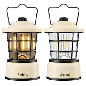 Linkind Retro LED Lantern, 200H Max Runtime, Battery Powered Dual Light Lamp, Dimmable Warm White & Daylight Lighting for Camping, Patio & Indoor Use