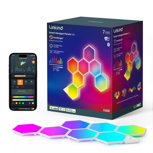 Linkind EP6 Smart Hexagon Panels, Multi-Color LED Wall Light Panels, Music Sync, Indoor Modern Decor, Corded, 7 Pack