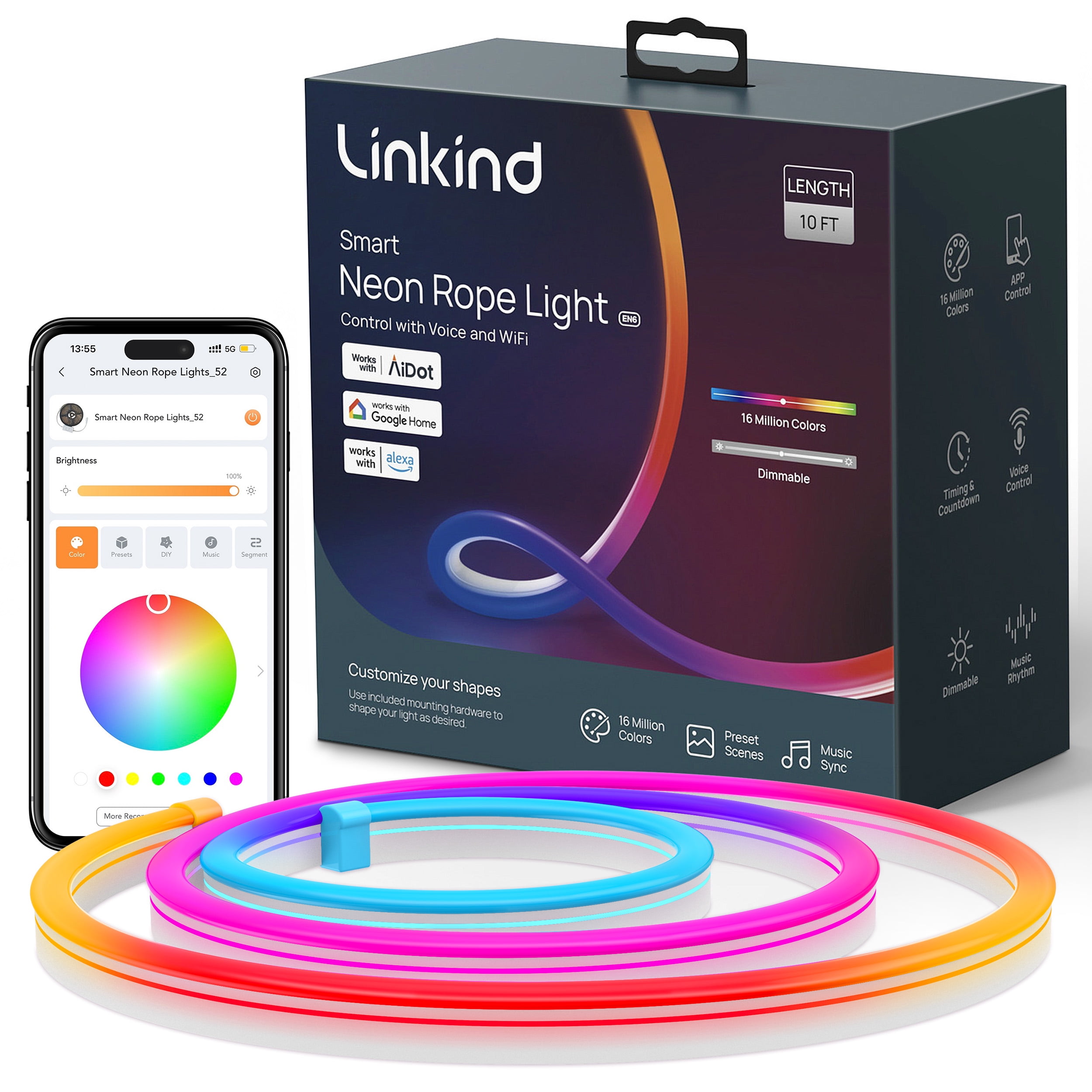 Linkind 10ft Multicolor Silicone Smart Neon Rope Light with Integrated LED