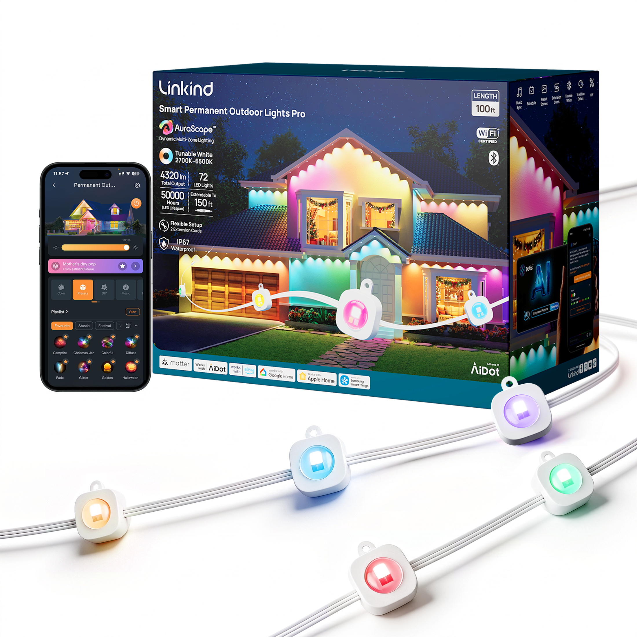 Linkind HP4 Smart Outdoor Lights, 100ft, Multicolor - Walmart.com