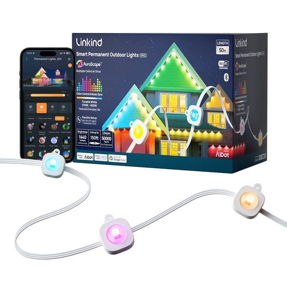 Linkind Smart Permanent Outdoor Lights Pro 100ft with 72 Lights, Color-Changing LED Strip Lights, Matter Compatible, IP67 Waterproof, WiFi + Bluetooth, Patio, Garden Decor, Holiday Lighting